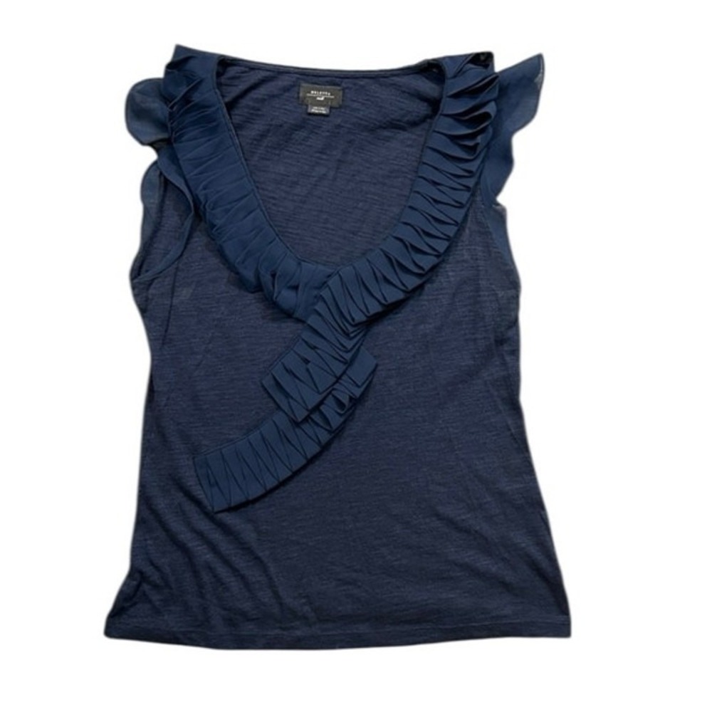 Deletta Ruffle V-Neck Top Women Small Navy Blue Pleated Flutter‎ Sleeve Romantic